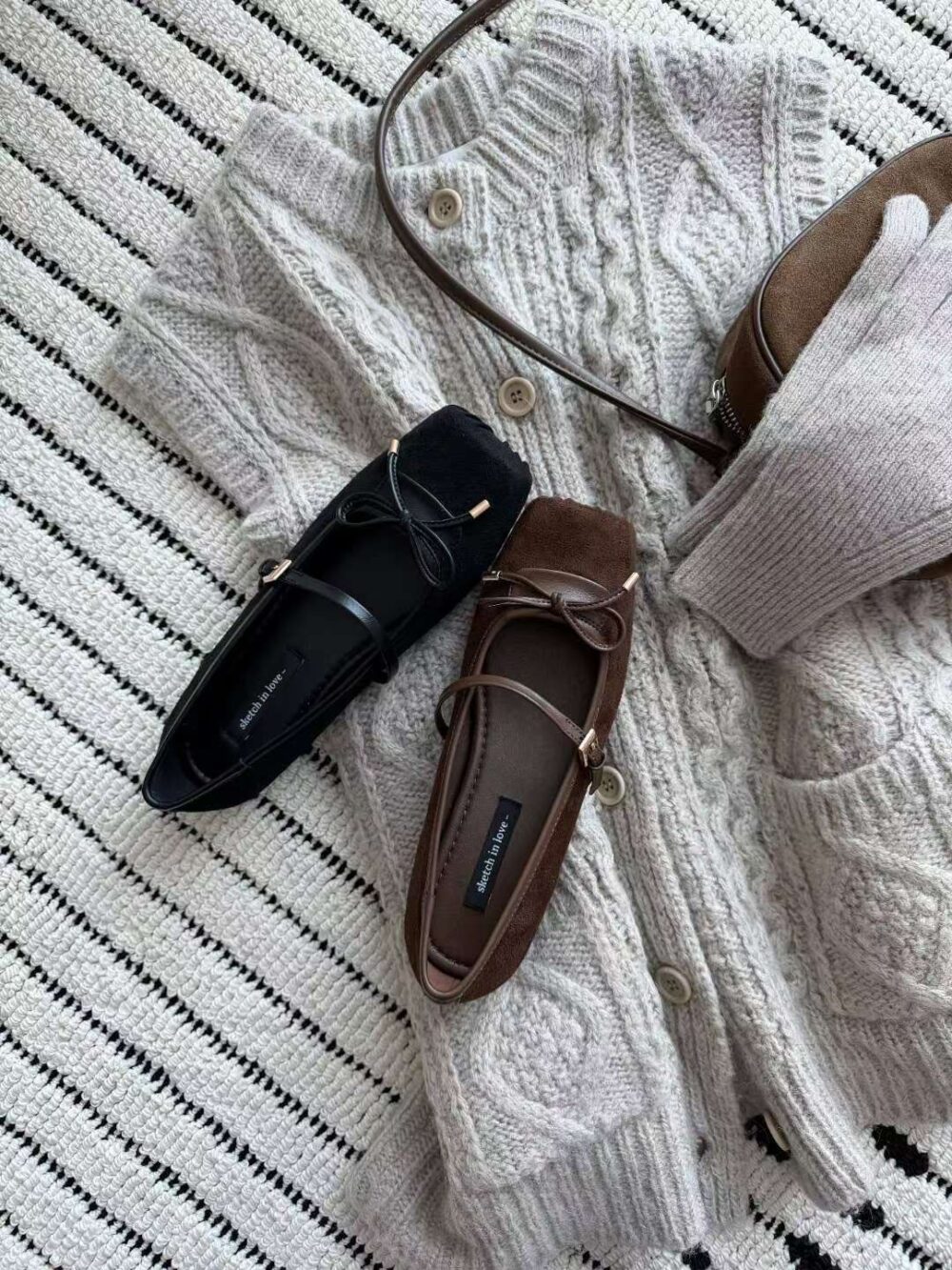 方頭麂皮蝴蝶結休閒平底鞋