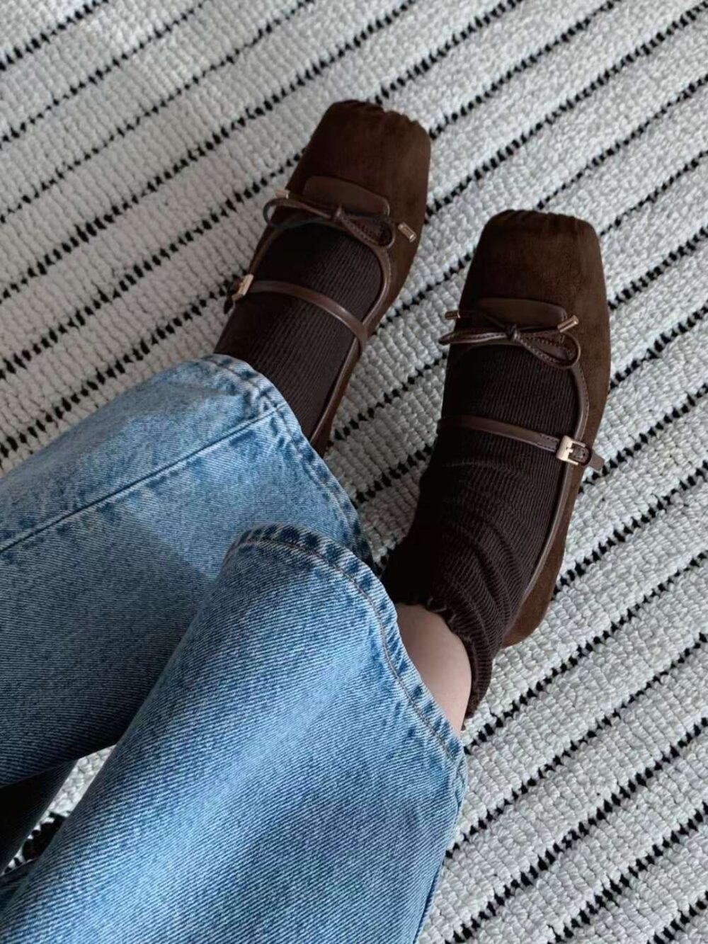 方頭麂皮蝴蝶結休閒平底鞋