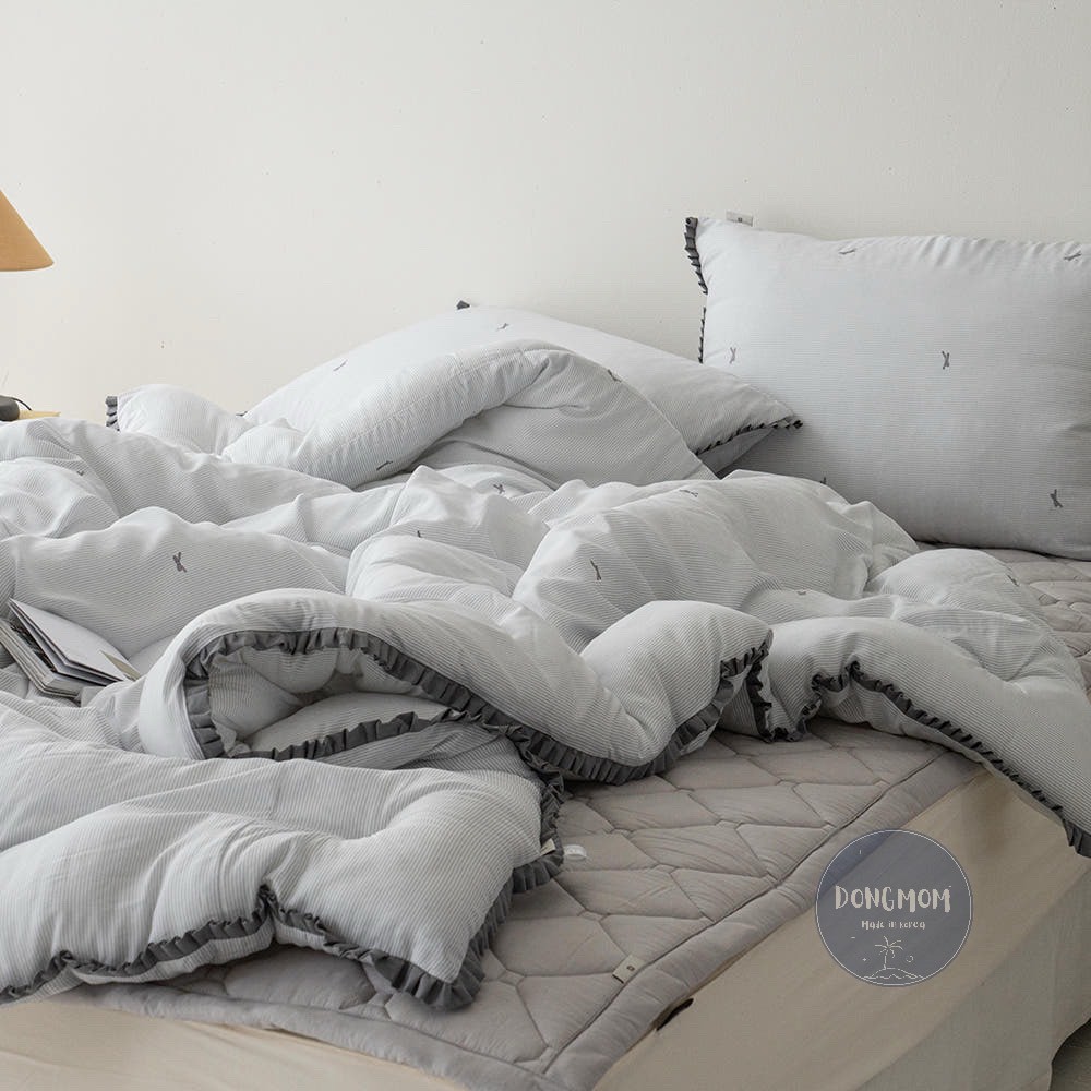 韓國棉被 荷葉邊蝴蝶結條紋天絲四季被