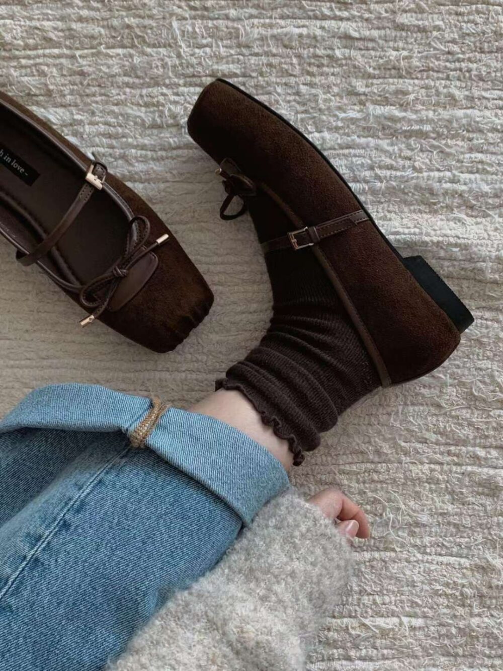 方頭麂皮蝴蝶結休閒平底鞋