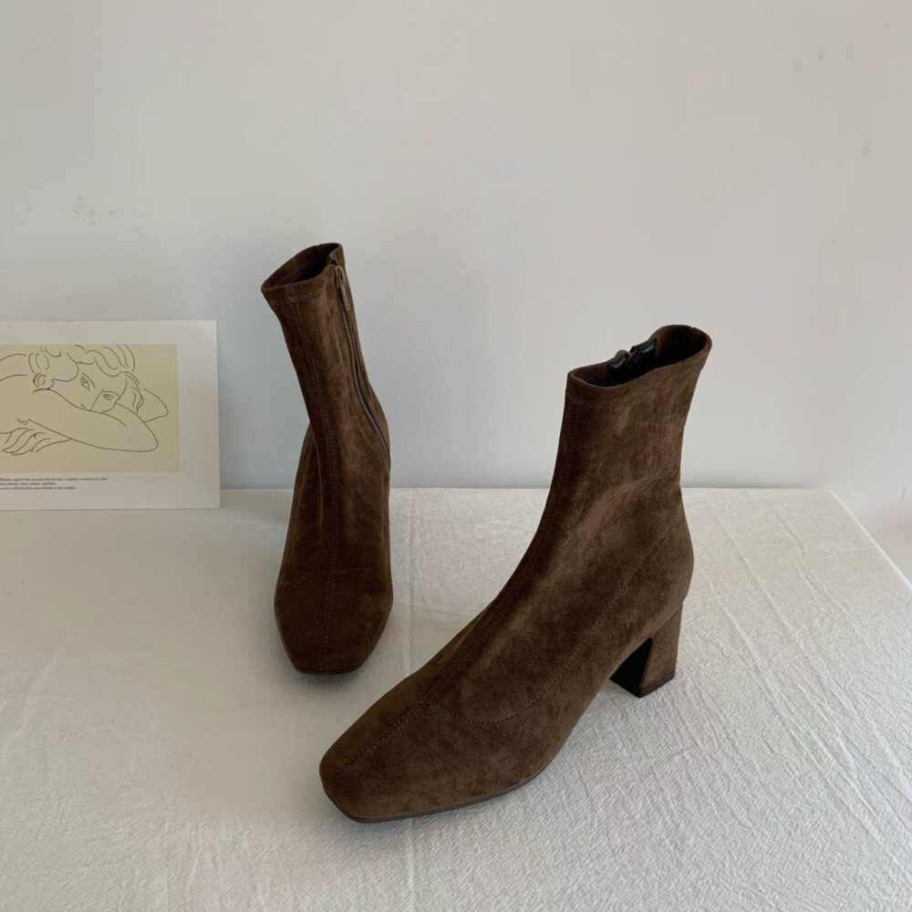 麂皮/皮革 百搭粗跟短靴6cm