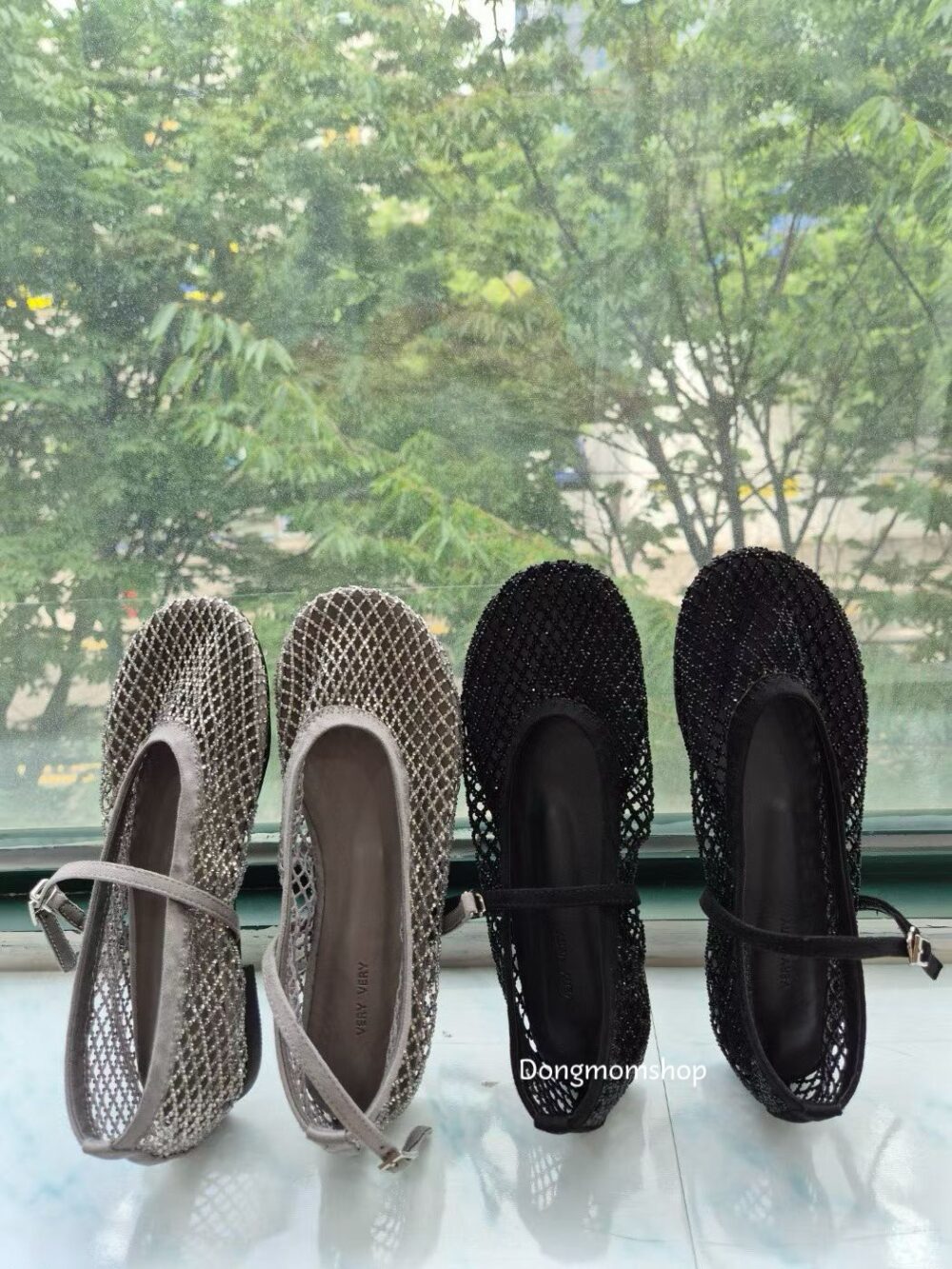 韓國女鞋 碎鑽漁網鞋/細帶平底鞋(黑/灰)