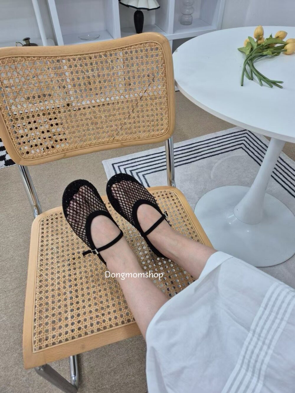 韓國女鞋 碎鑽漁網鞋/細帶平底鞋(黑/灰)