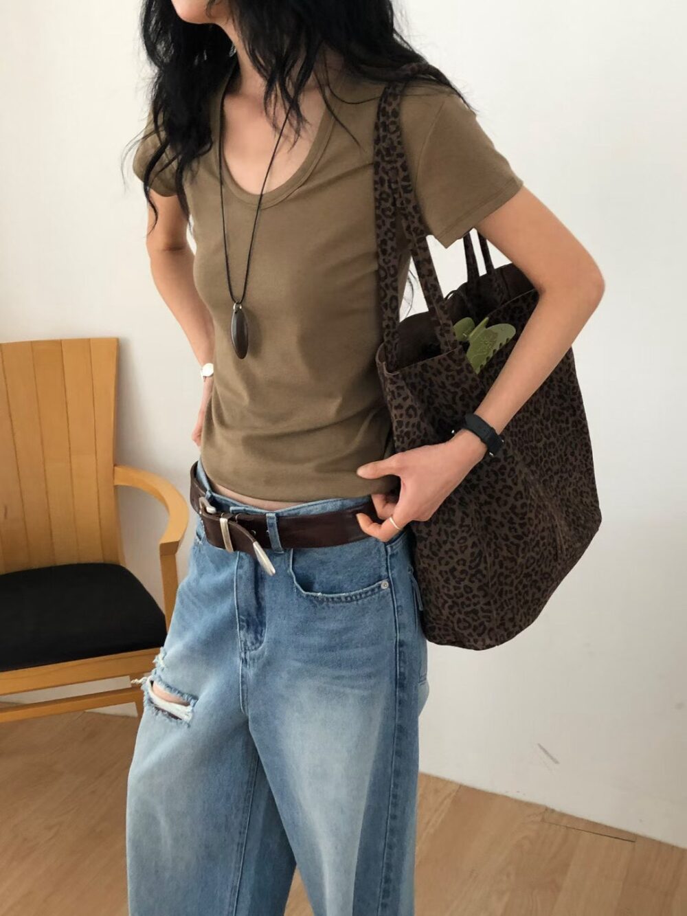 LEONIE 牛皮豹紋托特包