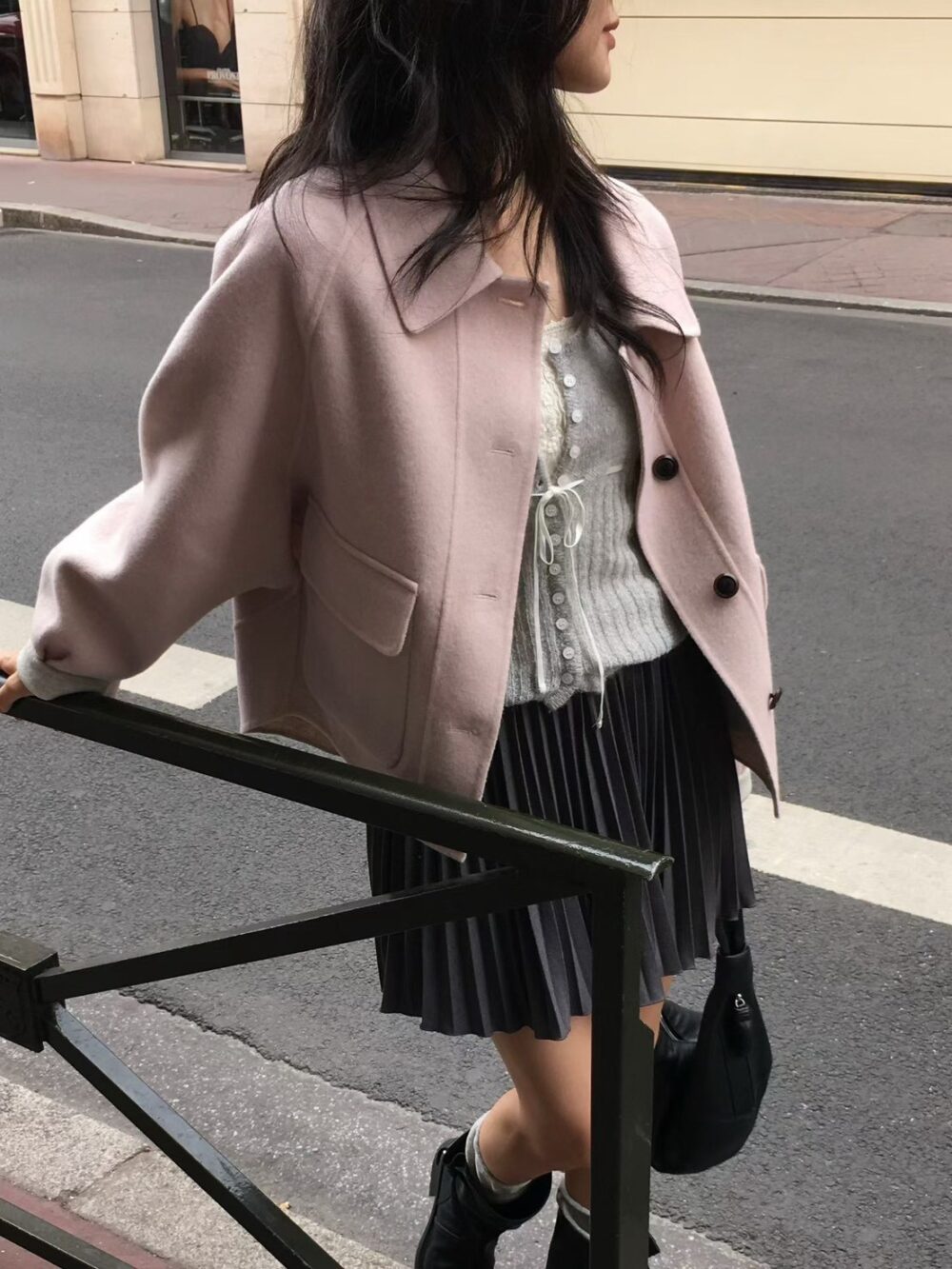 韓國女裝 雙面手工羊毛大衣外套