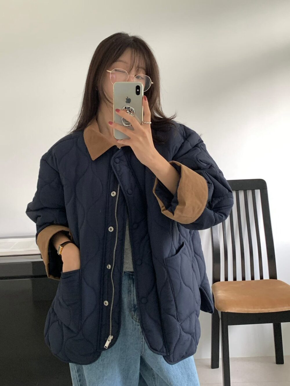 韓國女裝 雙面拼接绗縫保暖外套